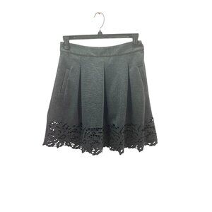 Gray Pleated A-Line Skirt Laser Cut Eyelet Hem Side Pockets Charcoal Gray